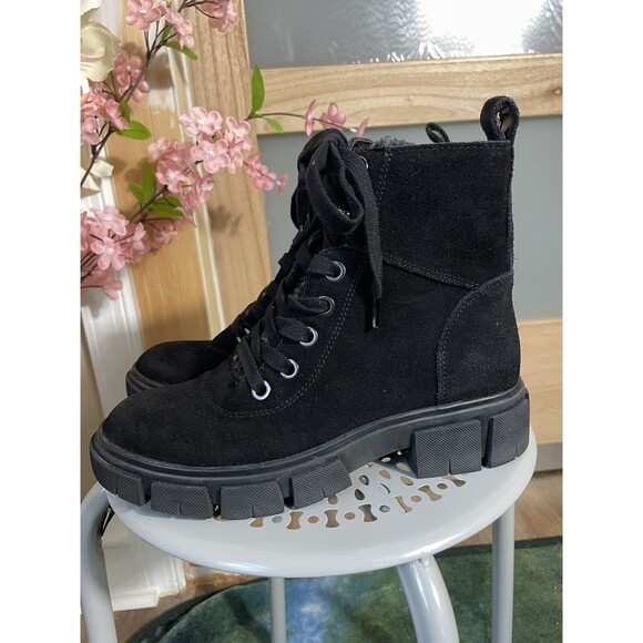 Womens Black Suede Lace-up Combat Boots Chunky Lug Sole Ankle Winter Booties 6.5 - Picture 4 of 14